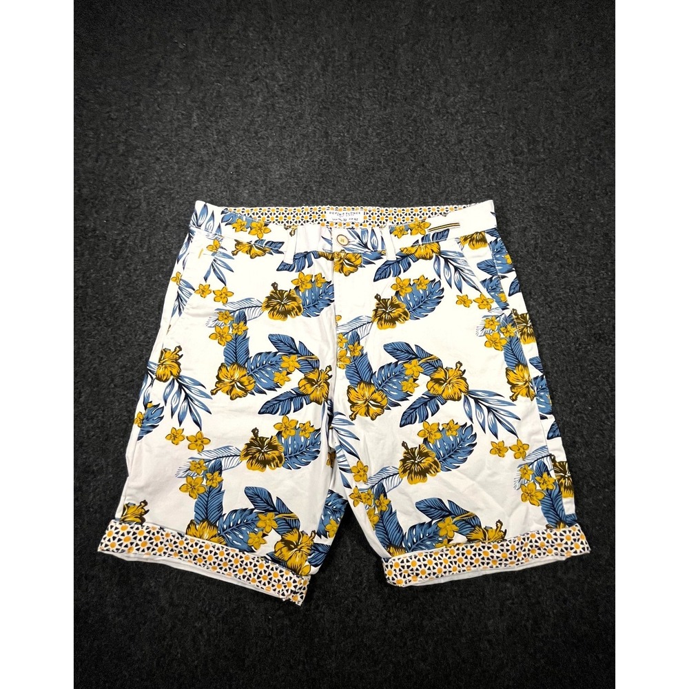 Denim & Flower Ricky Singh Shorts Mens 32 White Blue Floral Cuffed Hem Tropical